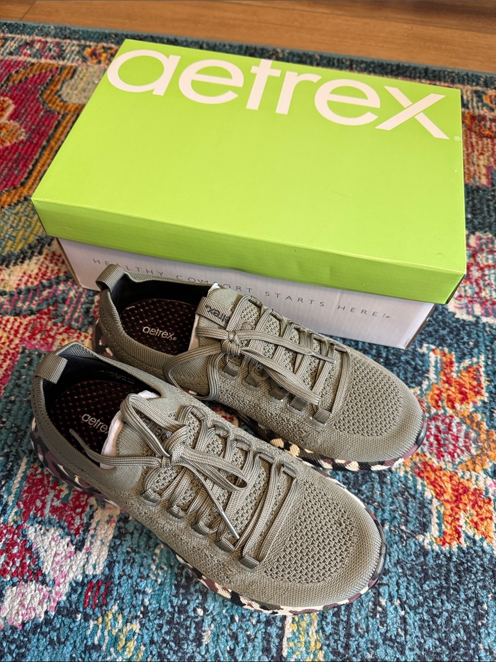 Aetrex Olive Knit Women's Athletic Sneakers with Multicolor Patterned Midsole